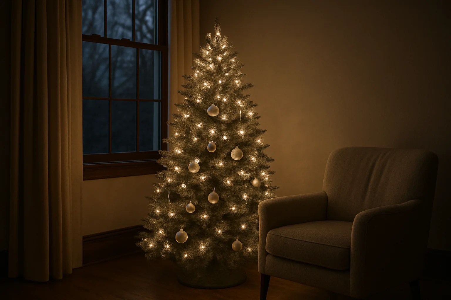 A pre-lit artificial Christmas tree with warm white lights and silver ornaments beside a window at dusk