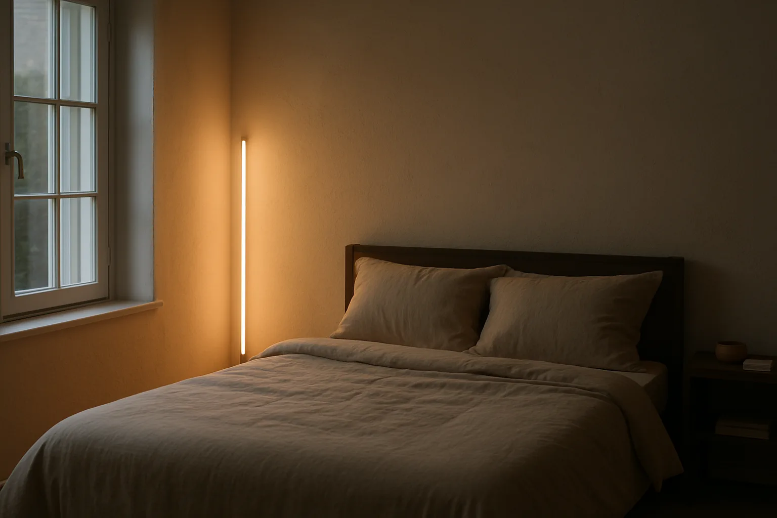 A slim floor lamp glowing warm white in a bedroom corner