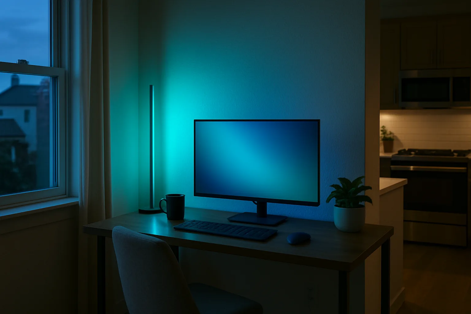 A light bar floor lamp washing a wall behind a desk in blue and teal light