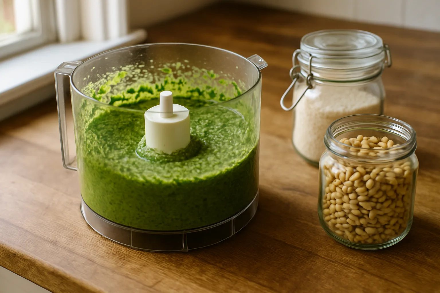 A food processor work bowl filled with bright green basil pesto beside jars of pine nuts and parmesan