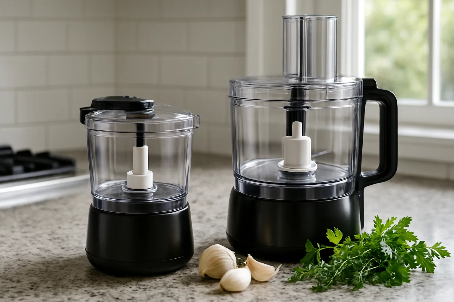 A mini food processor next to a full size food processor on a counter with garlic and fresh herbs