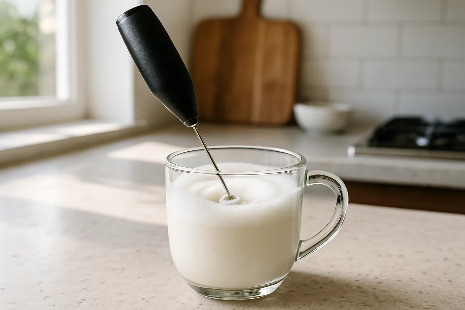 A handheld battery frother wand whisking milk in a glass mug