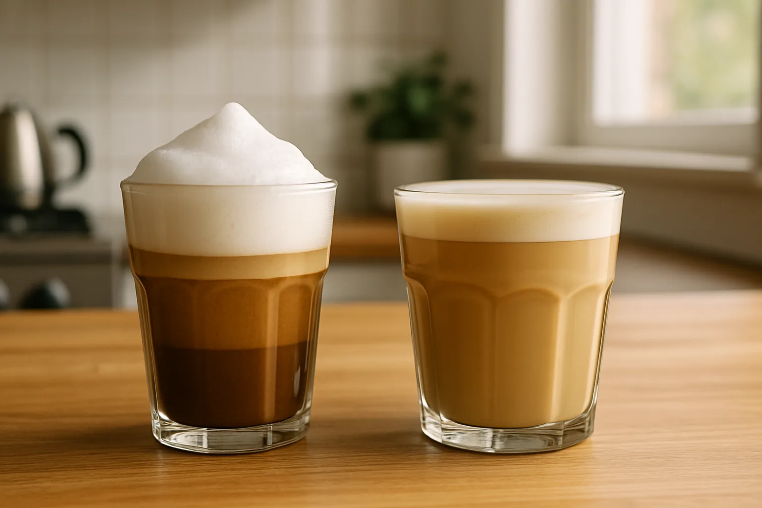 A cappuccino with a tall foam cap beside a latte with smooth flat foam