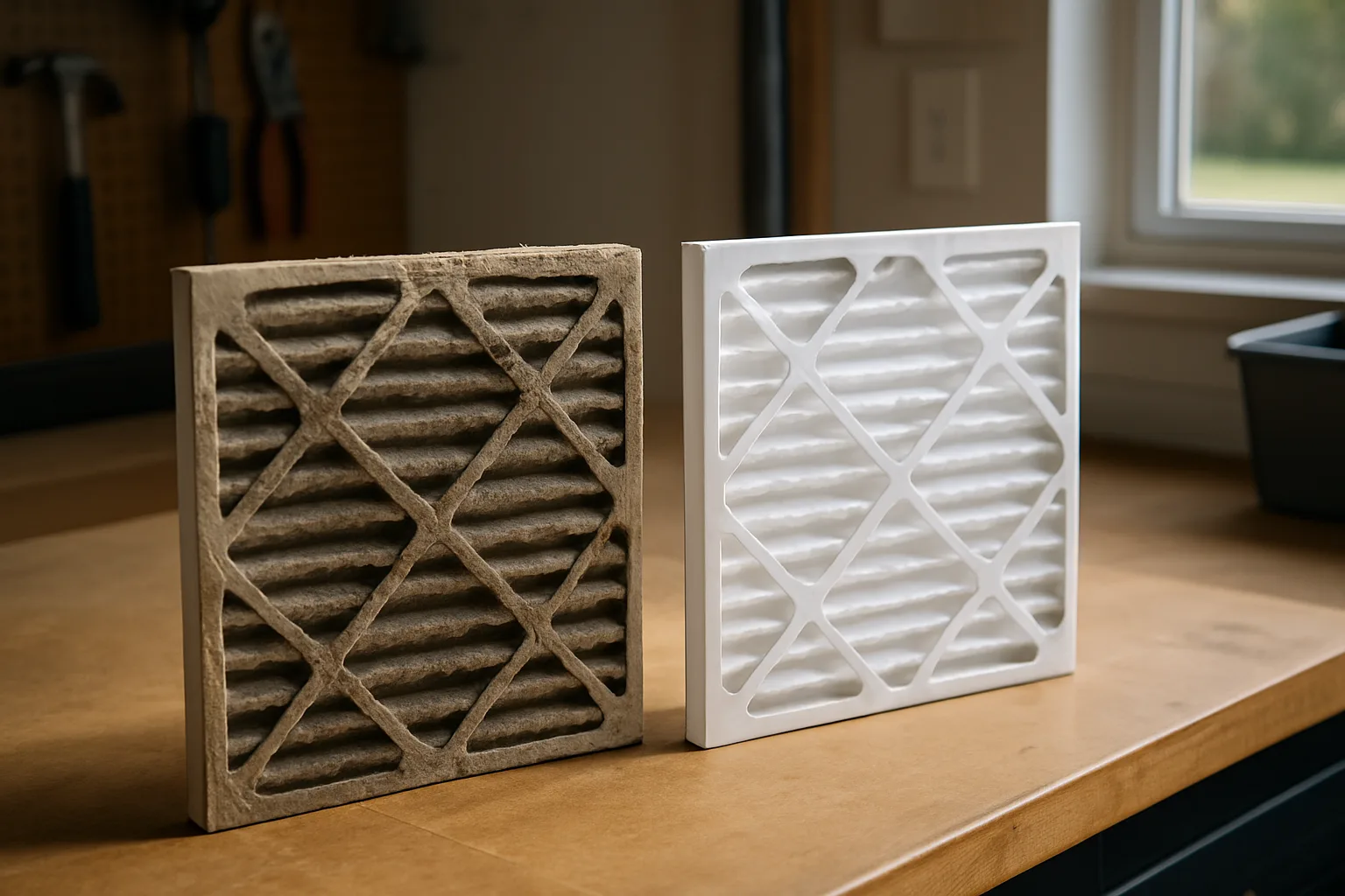 A dust-clogged furnace filter beside a clean new pleated filter