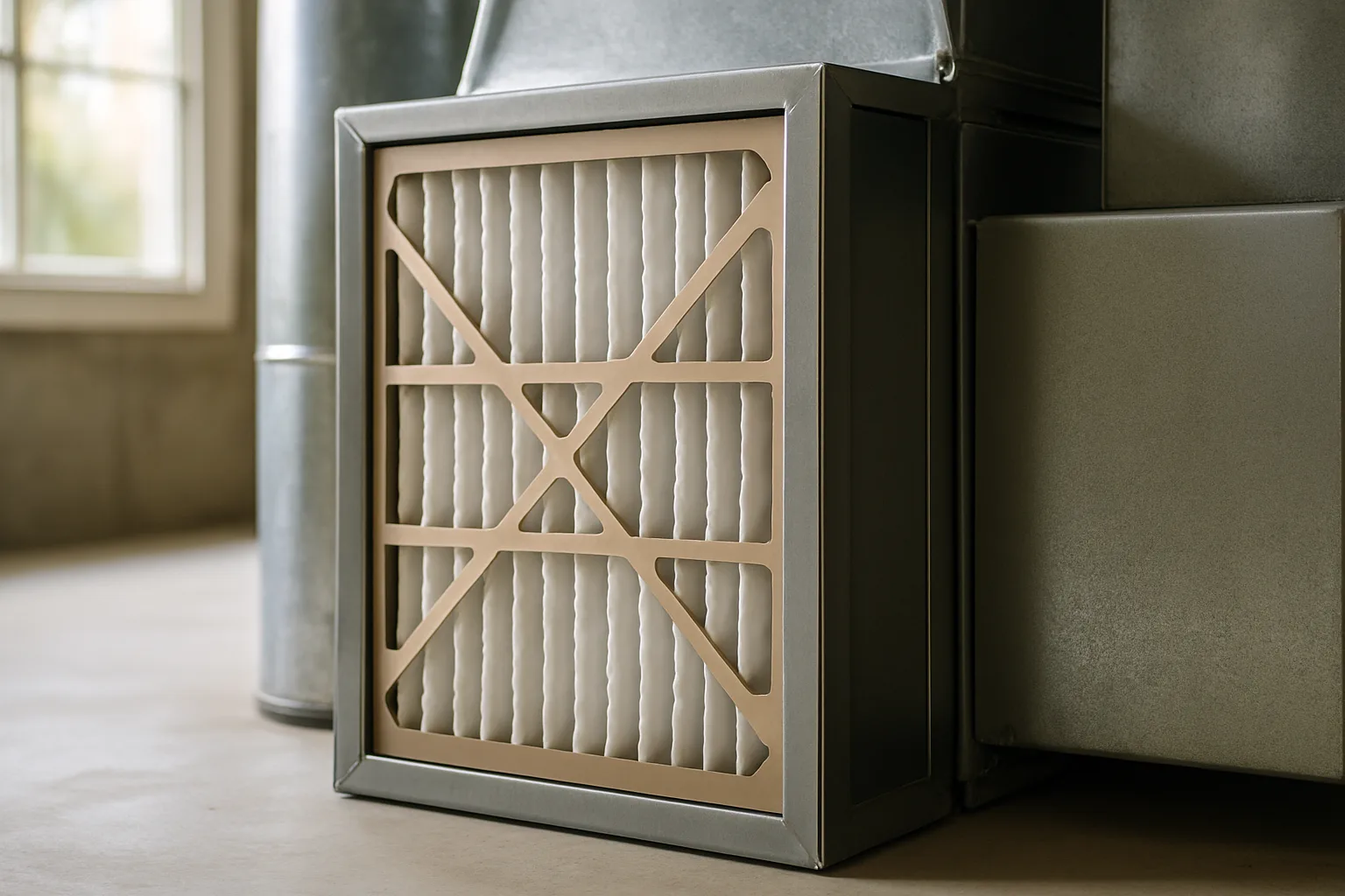 A 4-inch deep media filter cabinet on the side of a home furnace