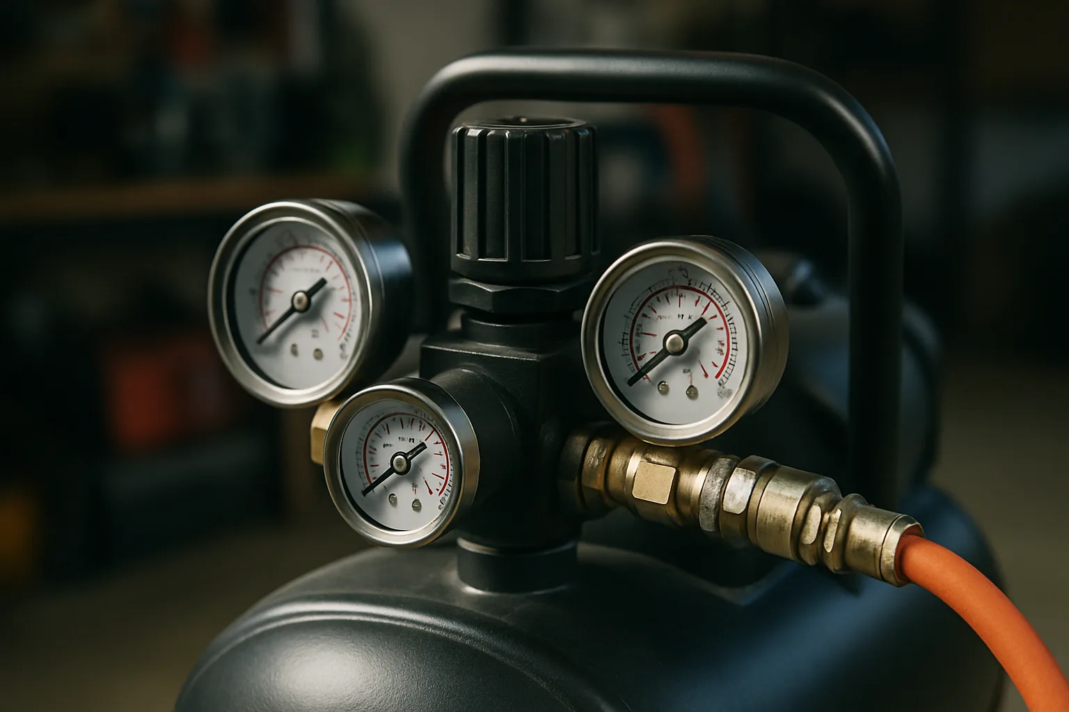 Portable air compressor control panel with pressure gauges, a regulator knob and an air hose on a quick-connect coupler