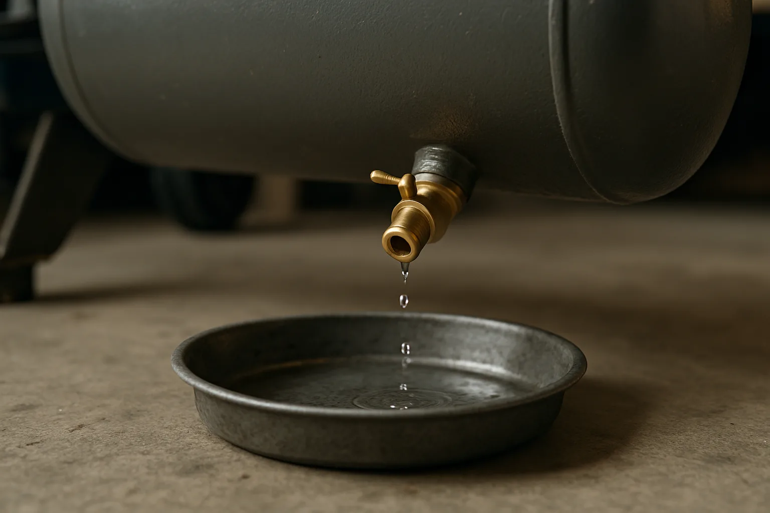 Brass drain valve open under an air compressor tank with water dripping into a pan on the garage floor