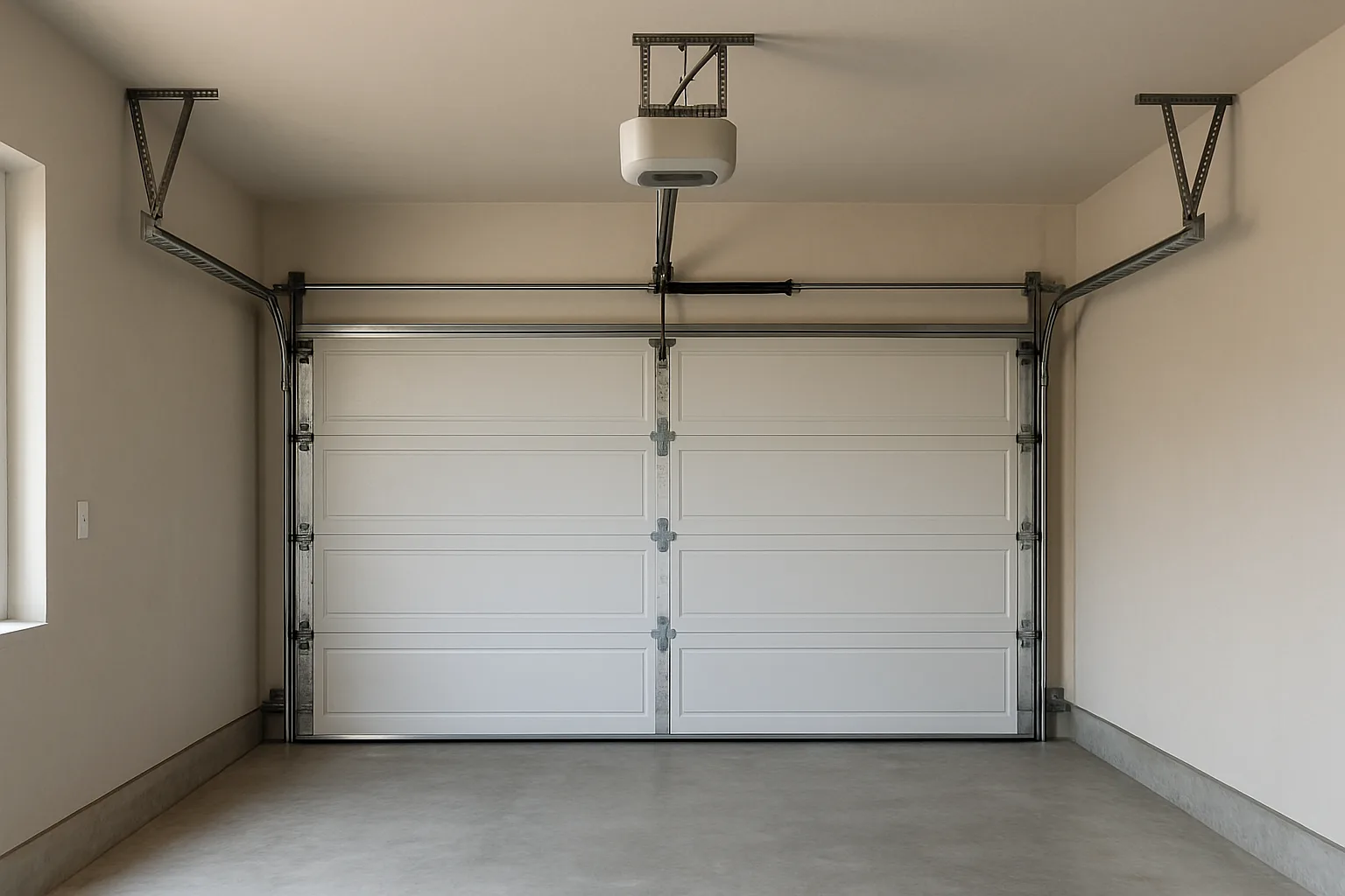 Ceiling-mounted garage door opener with its rail and door arm above a white sectional garage door in a clean garage