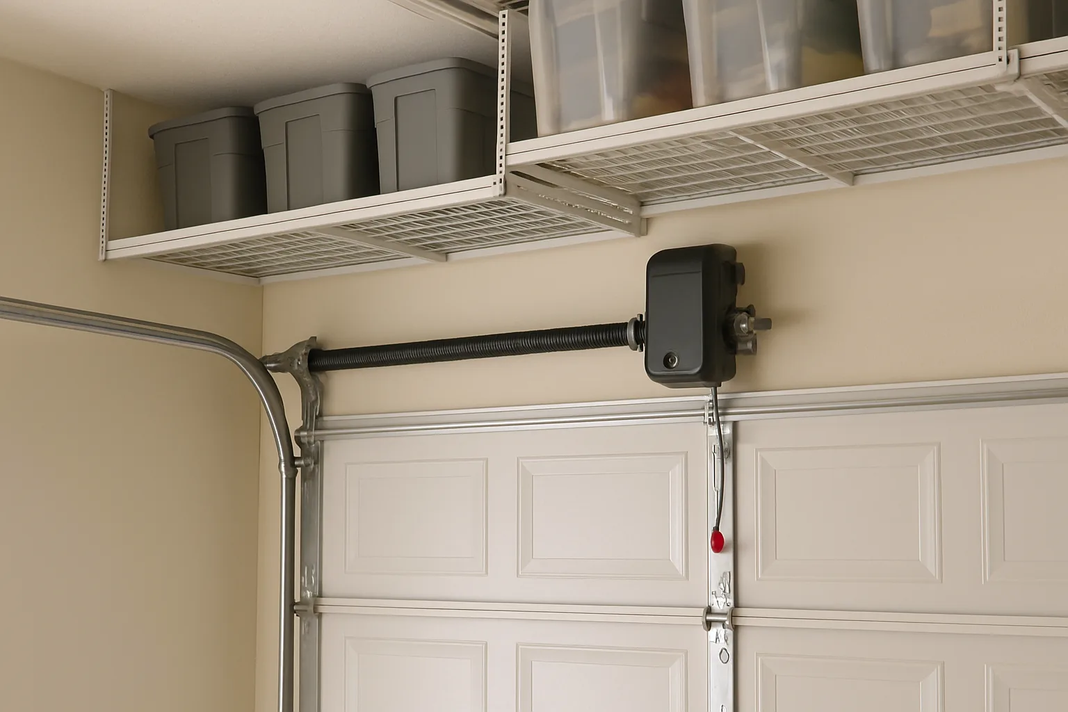 Wall-mounted jackshaft garage door opener beside the torsion spring bar, leaving the garage ceiling clear for overhead storage racks
