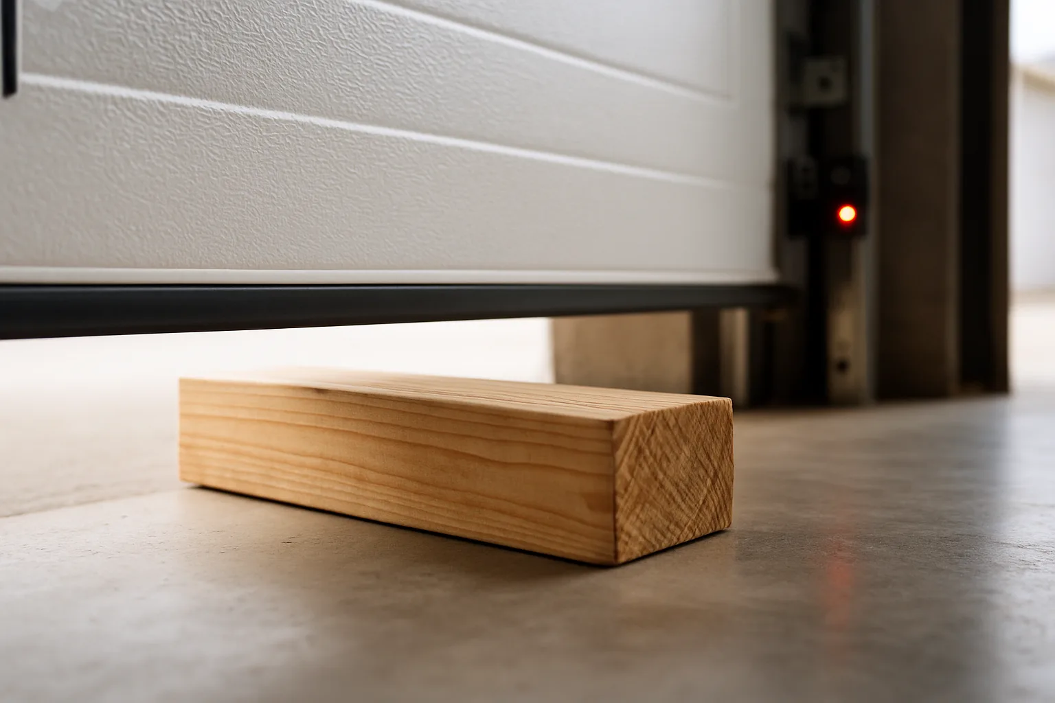 Wooden 2x4 board lying flat on a garage floor under a closing garage door during a safety reversal test, photo-eye sensor visible on the track