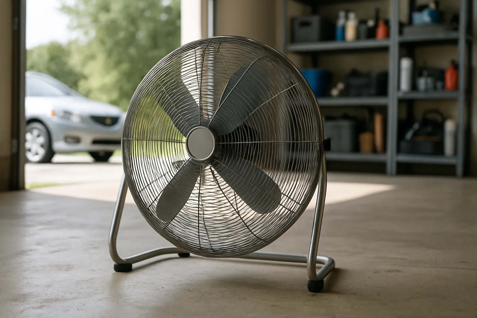 20 inch high-velocity floor fan on a garage floor pointed toward the open garage door