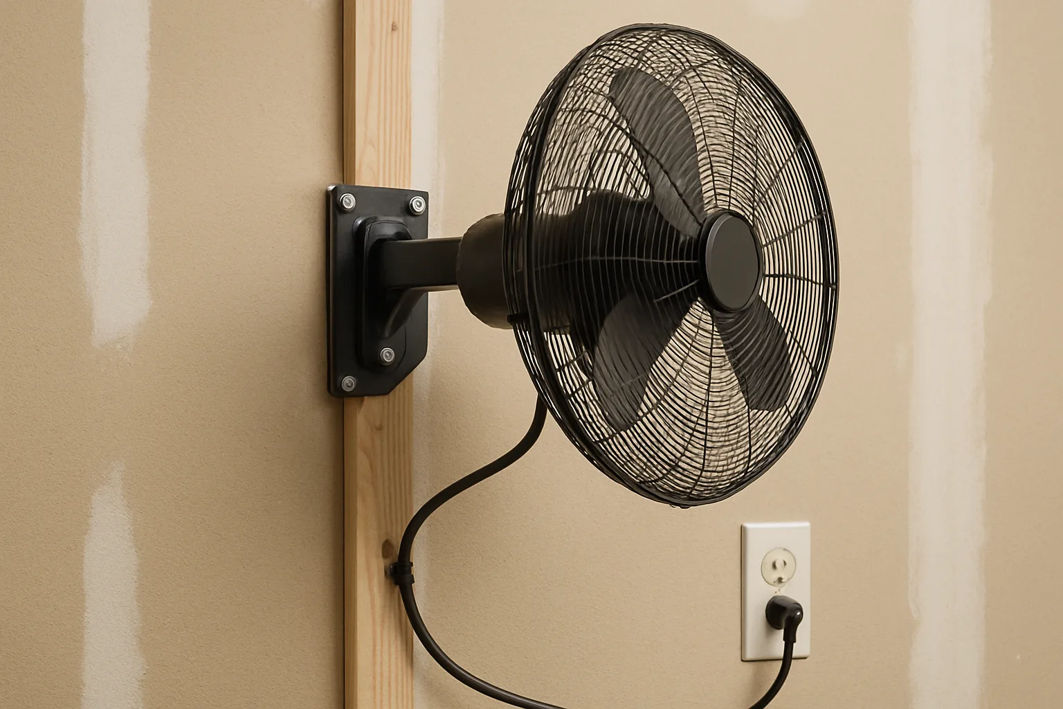 Wall-mount fan bracket screwed into a wall stud with the fan head tilted down and its cord running to an outlet