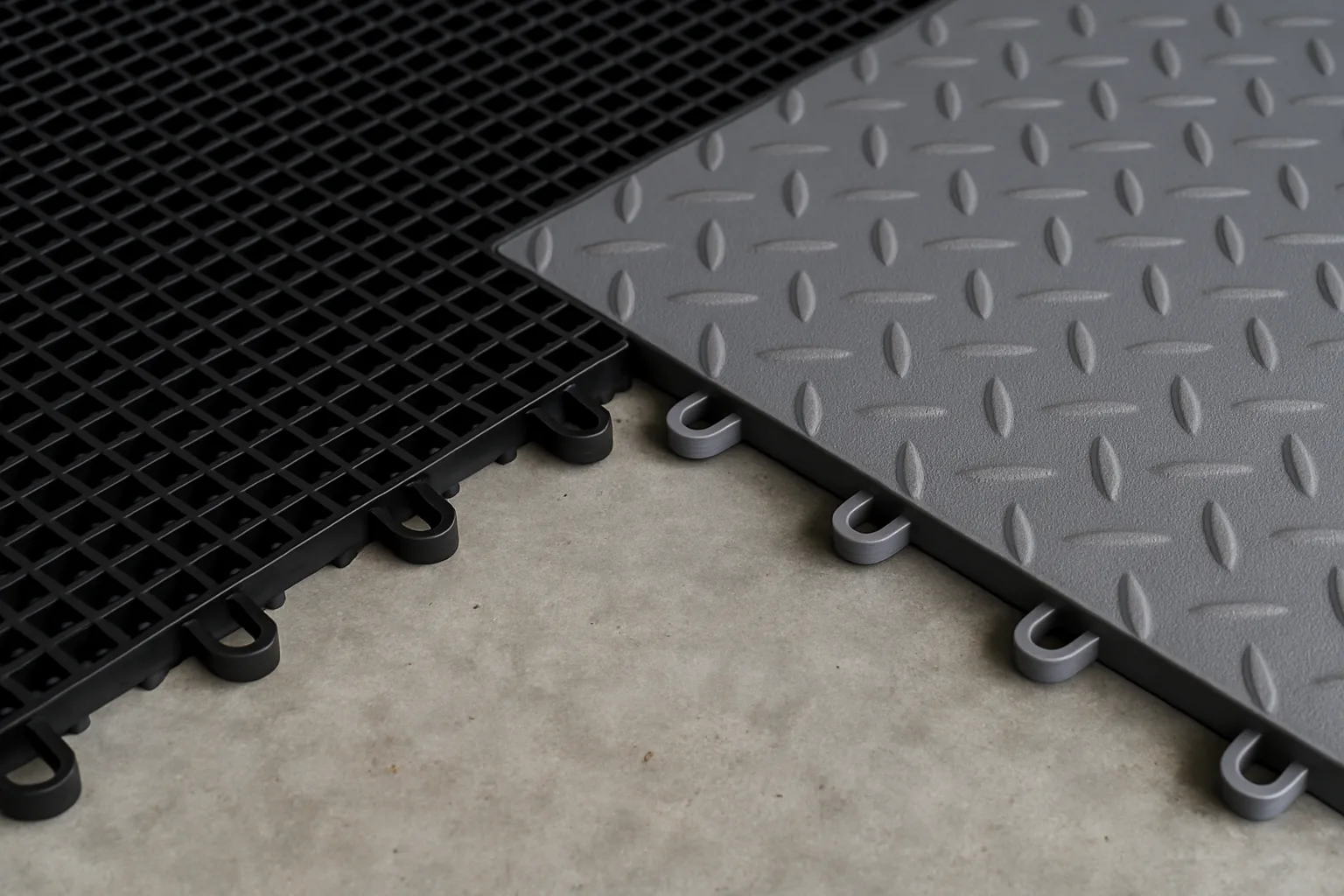 Black vented free-flow garage floor tile next to a gray diamond-pattern tile with their interlocking loop connectors visible on bare concrete