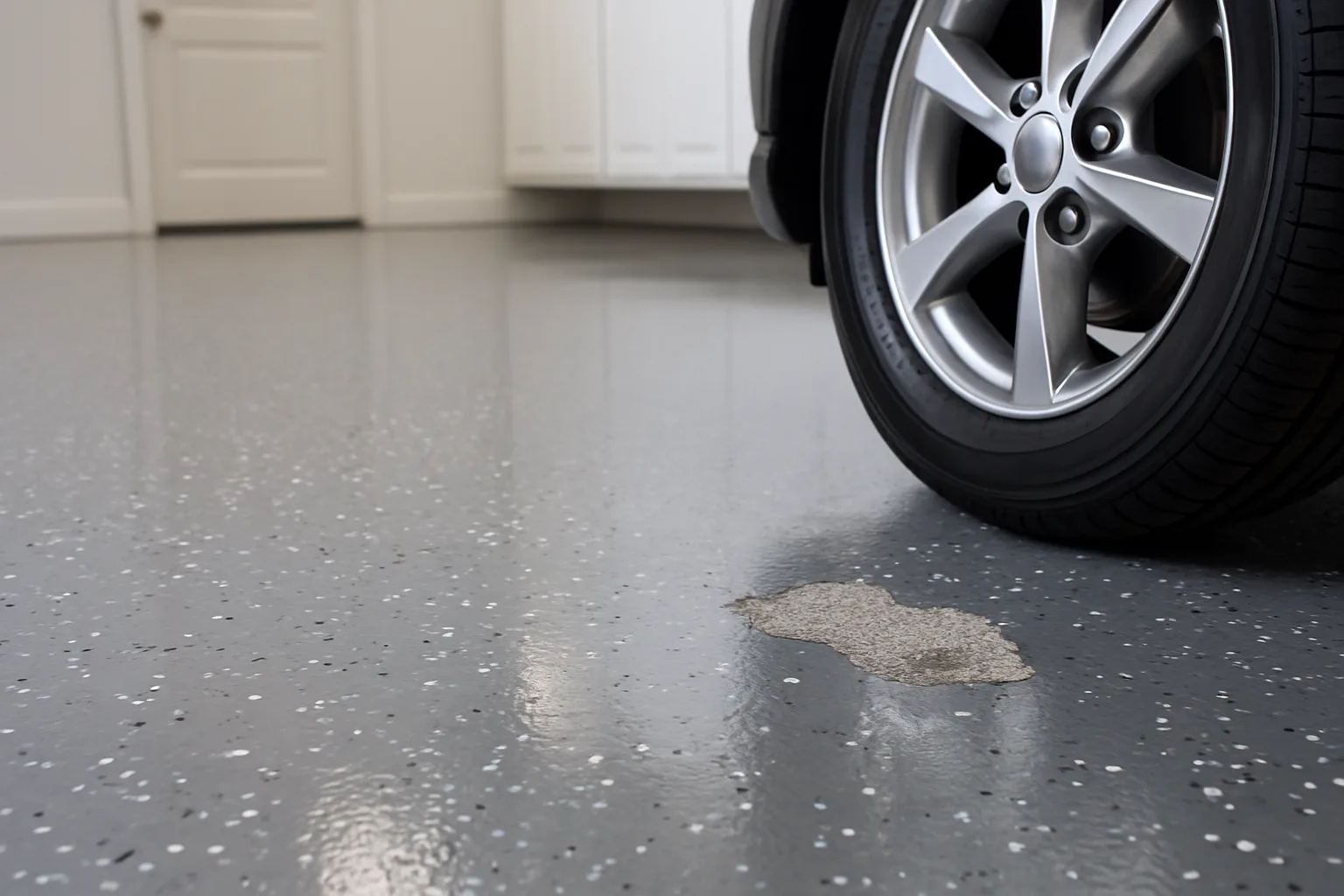 Glossy gray flake epoxy garage floor with a patch of peeled coating next to a car tire