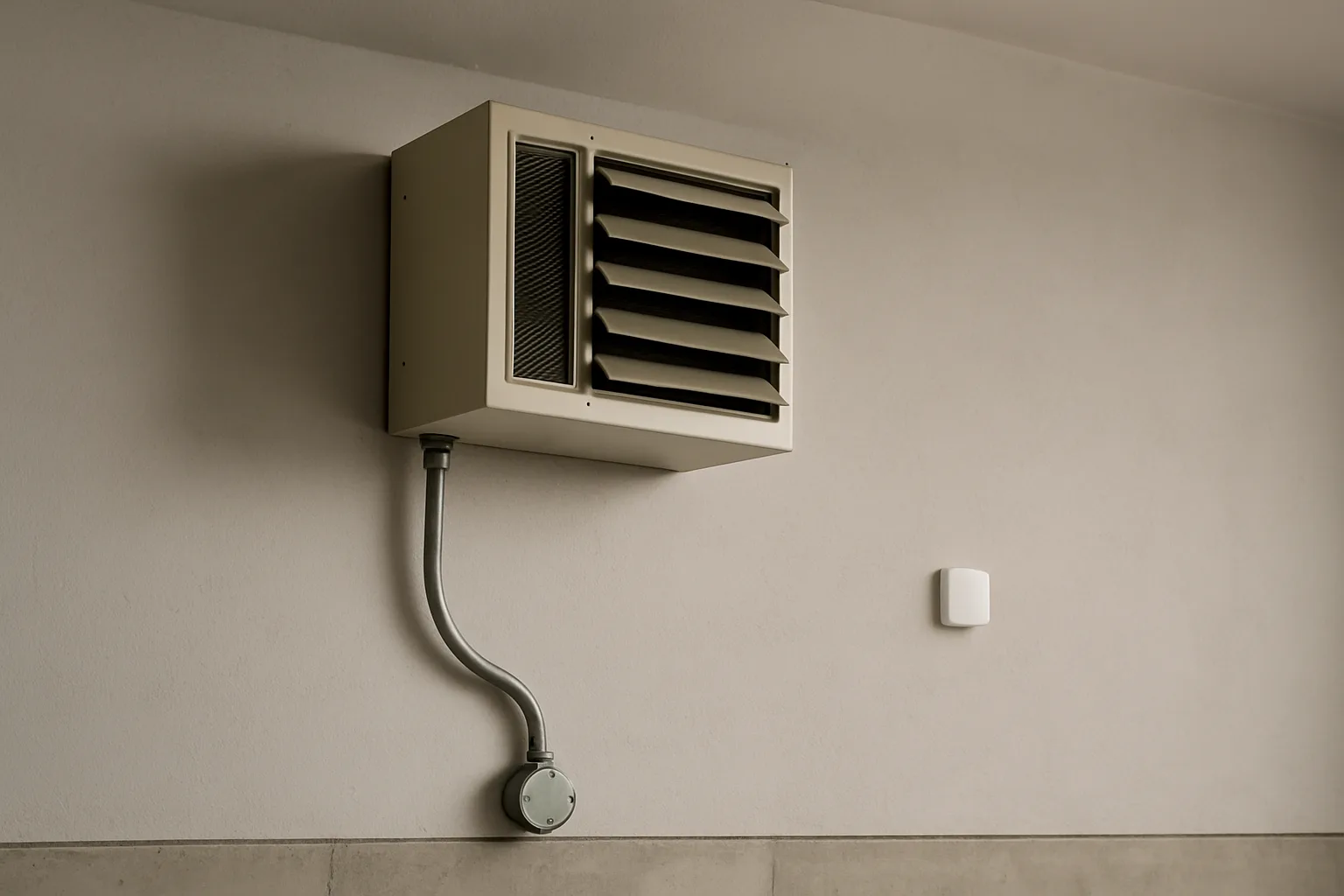 Wall-mounted 240 volt electric garage heater with angled louvers, conduit running to it and a small wireless temperature sensor on the wall