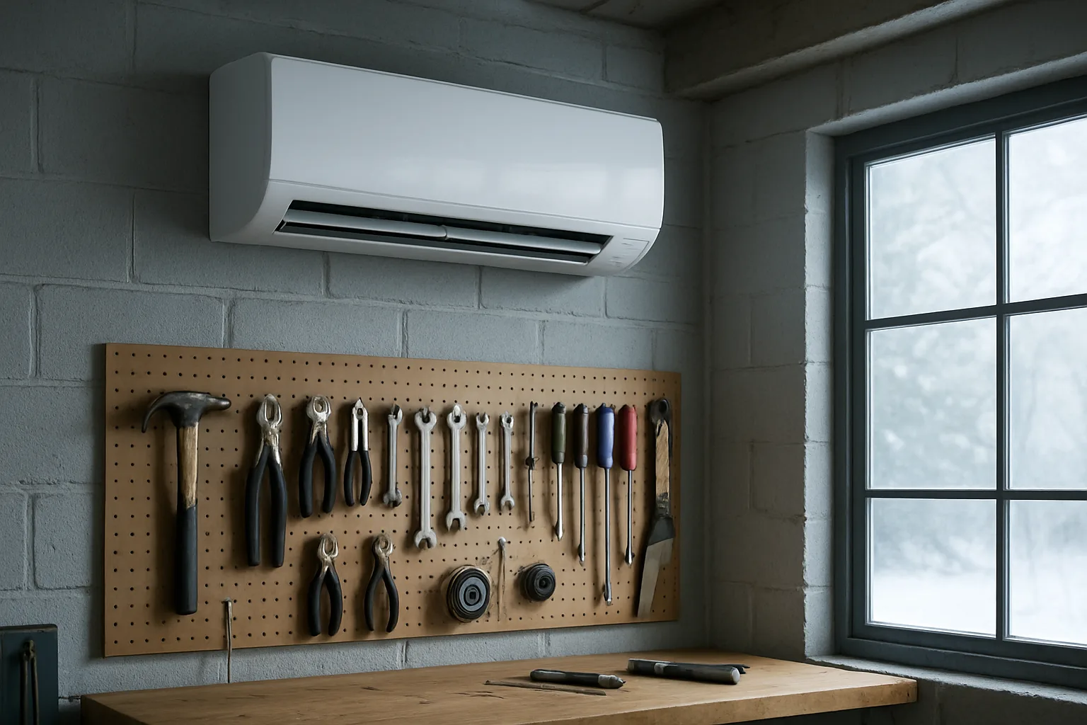 Ductless mini-split heat pump head mounted high on a garage wall above a workbench and pegboard of hand tools