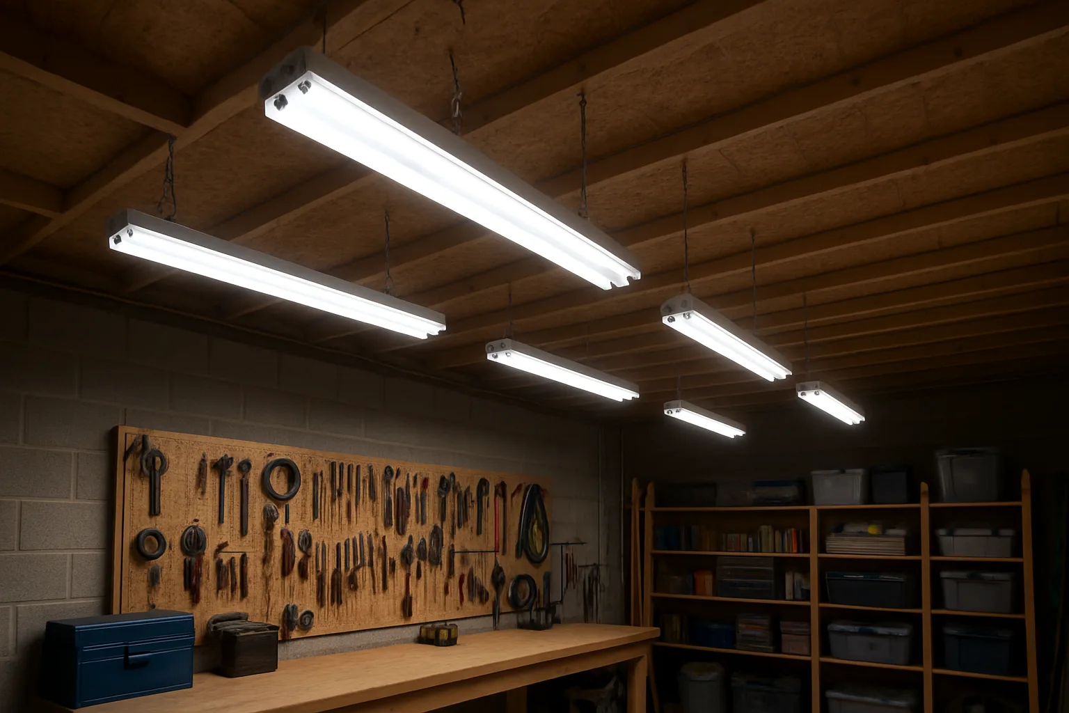 Row of linked four-foot LED shop lights hanging on chains above a garage workbench and pegboard