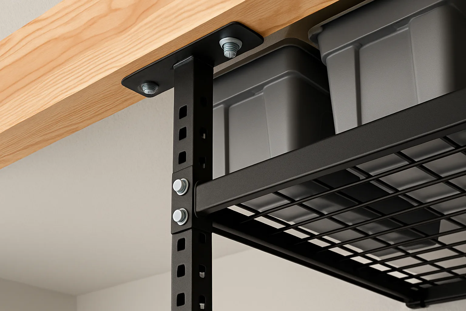 Black steel overhead garage rack bracket lag-bolted into a wood ceiling joist with adjustable posts and a wire deck holding bins