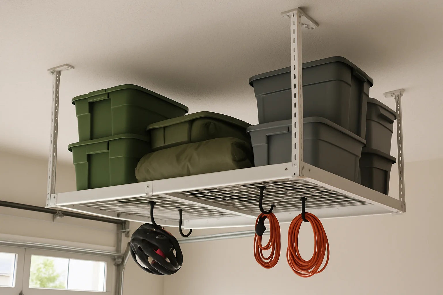 White overhead garage storage rack hanging from the ceiling with bins on top and hooks underneath holding a bike helmet and extension cords