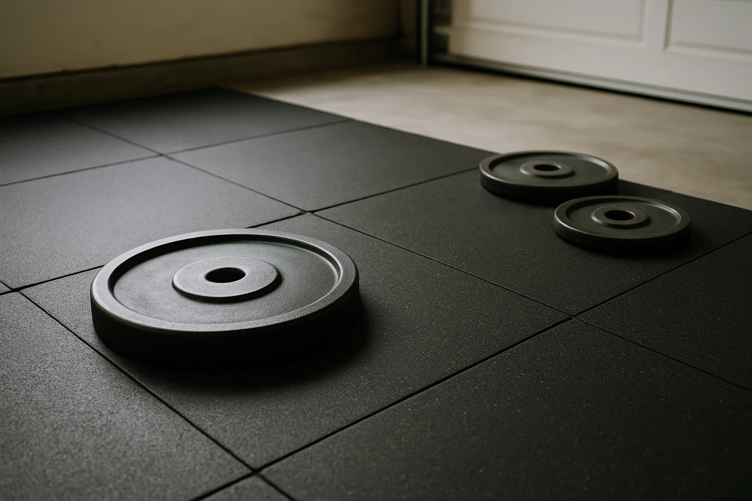Black rubber gym flooring with staggered seams and weight plates on a garage floor