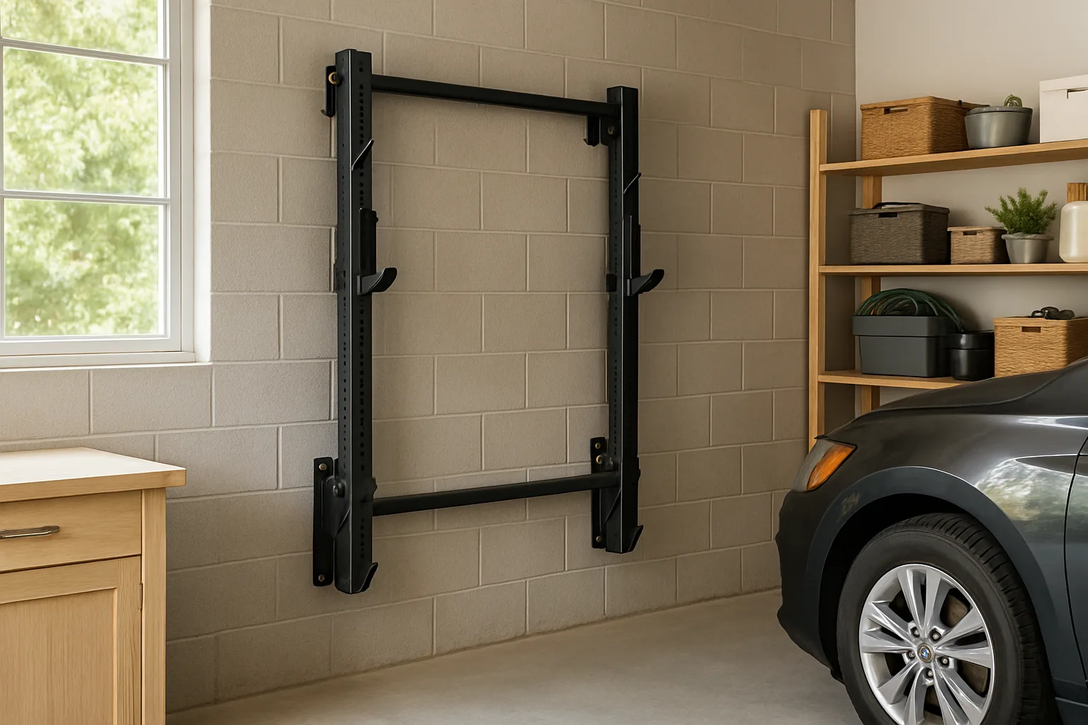 A wall-mounted squat rack folded flat against a garage wall beside a parked car