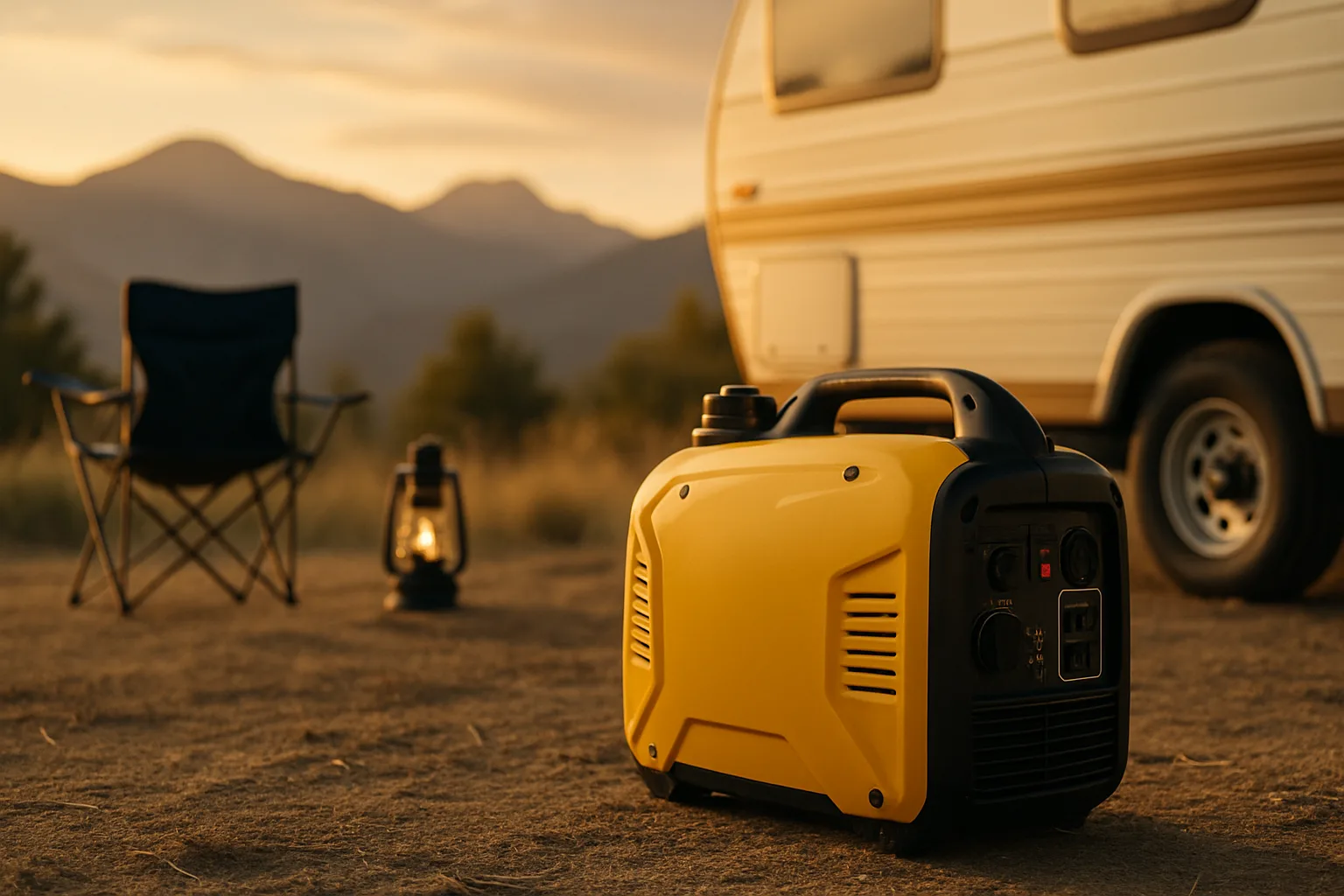 A small inverter generator at a campsite next to an RV at golden hour