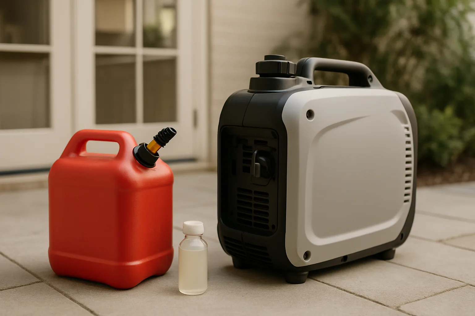 A gas can and fuel stabilizer beside a portable inverter generator outdoors