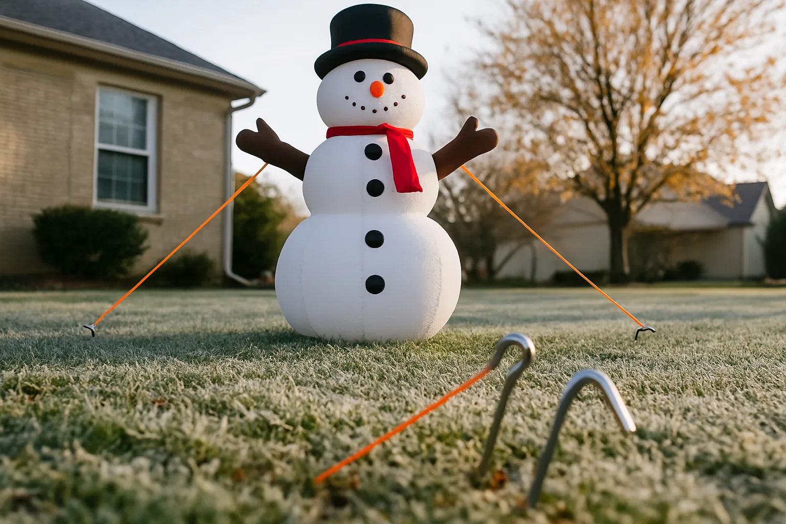 Large inflatable snowman on a frosty lawn held by orange tether ropes running to metal ground stakes
