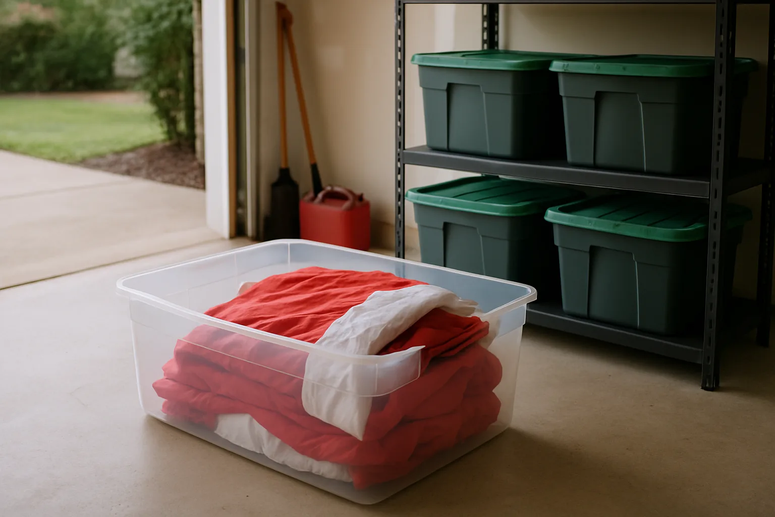 Folded red and white holiday inflatable packed in a clear storage bin on a garage floor beside shelving with green-lidded bins