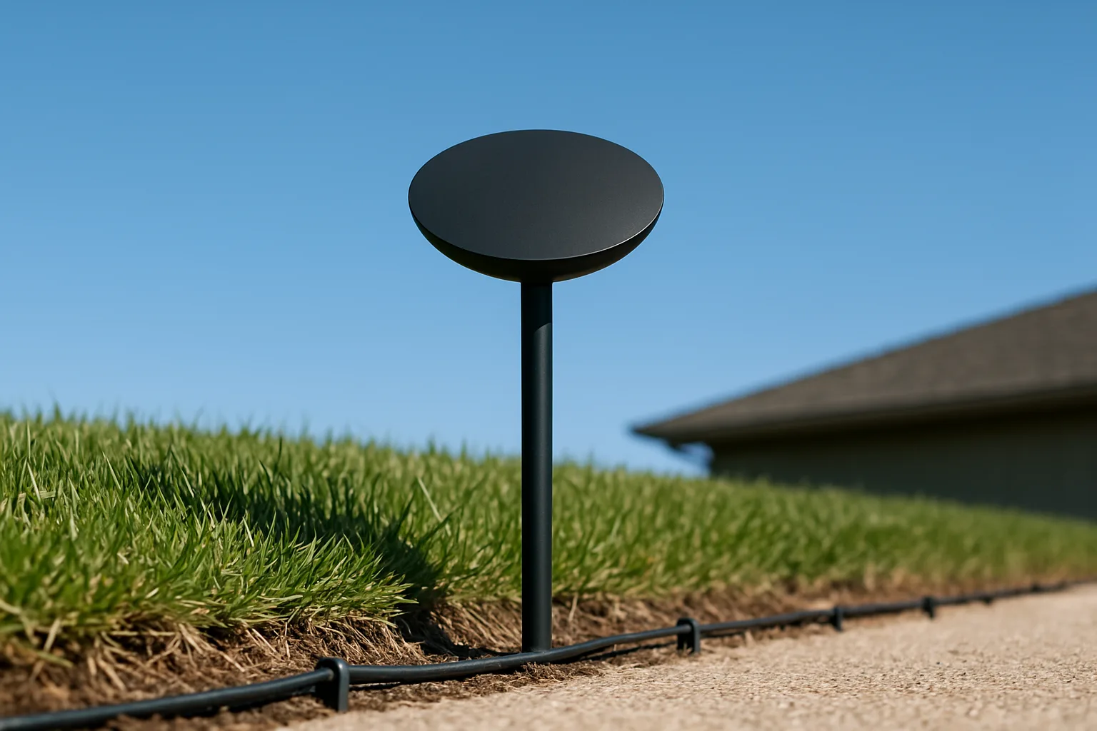 Satellite reference antenna on a short pole staked at the edge of a lawn with open sky above