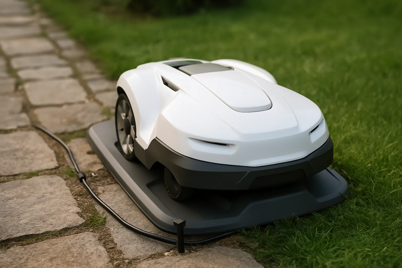 Small robot lawn mower parked on its charging dock beside a stone garden path with the cable pinned along the edge