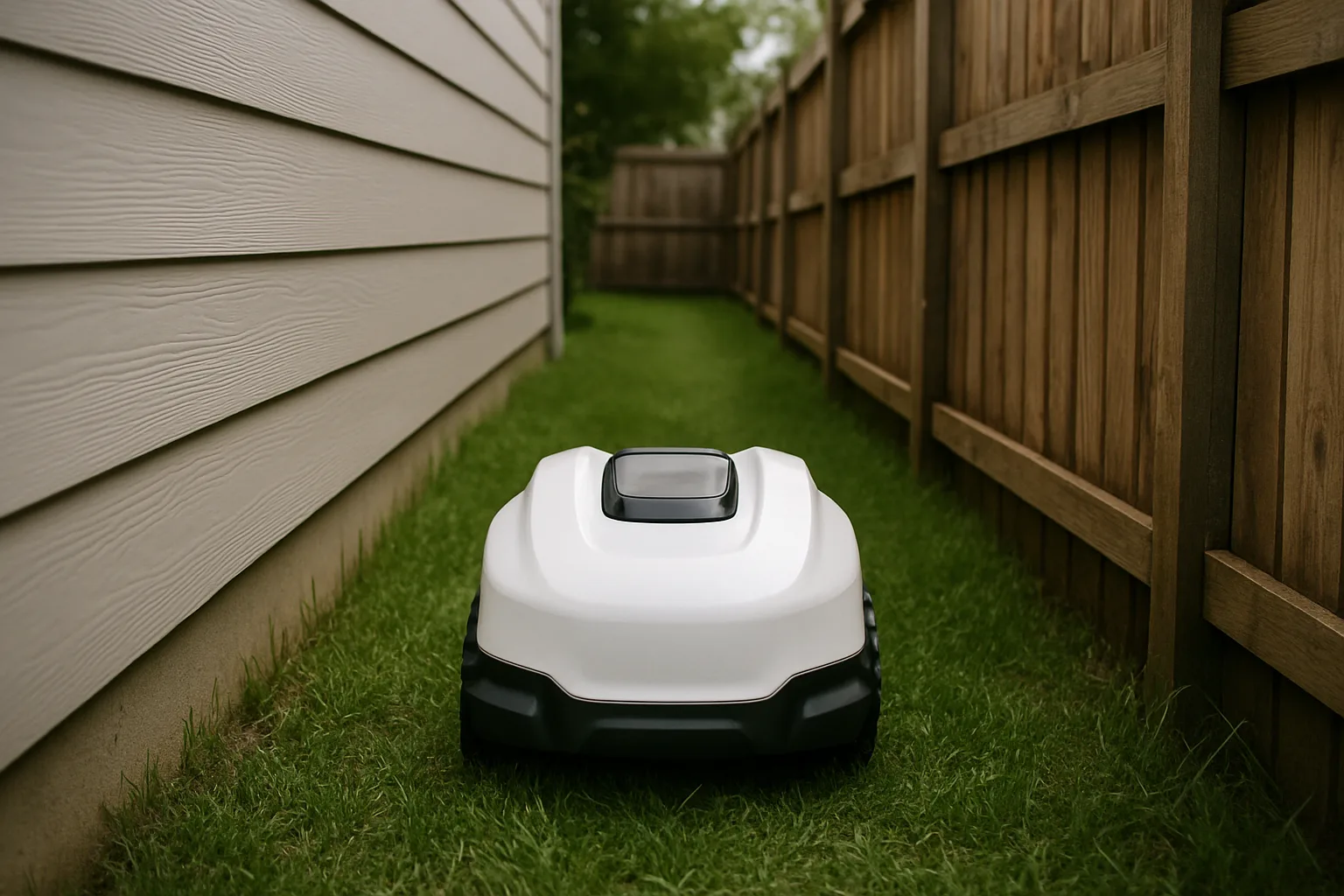 Small white robot mower driving through a narrow side yard between a house wall and a wooden fence
