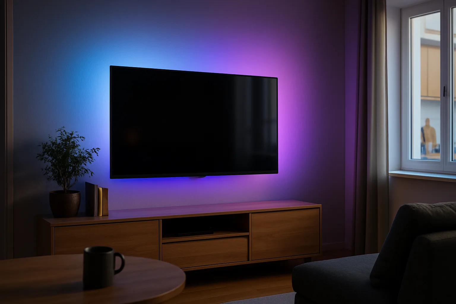 Colored LED strip light glowing on the wall behind a mounted TV