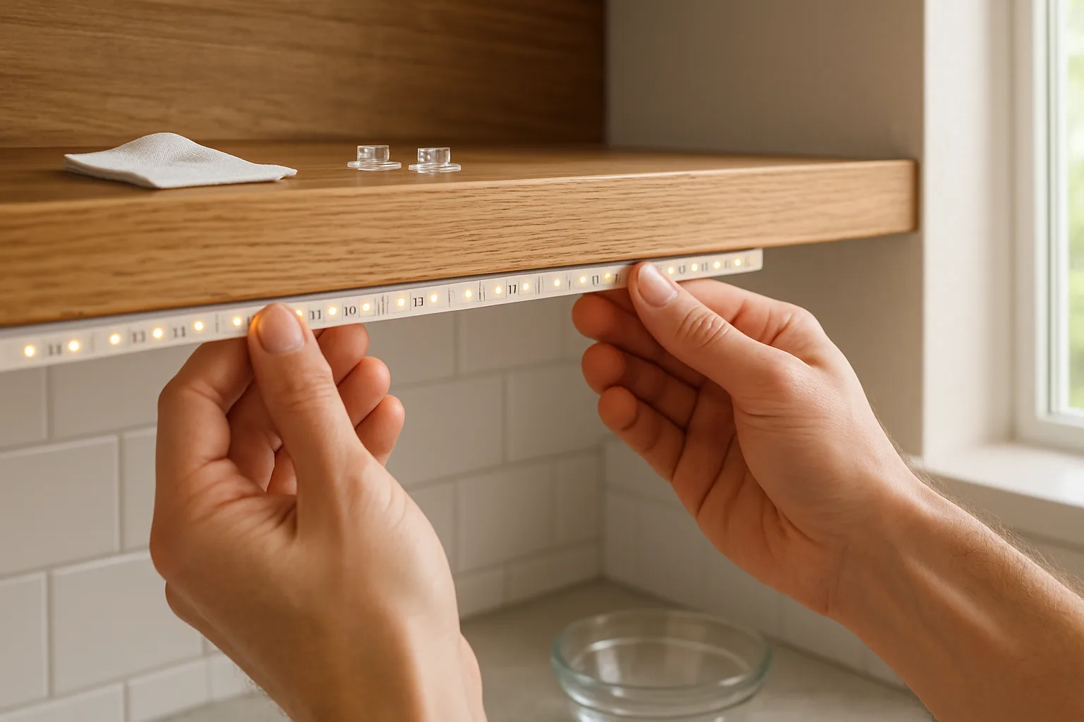Pressing an adhesive LED strip along the underside of a wooden shelf, with an alcohol wipe and clips nearby