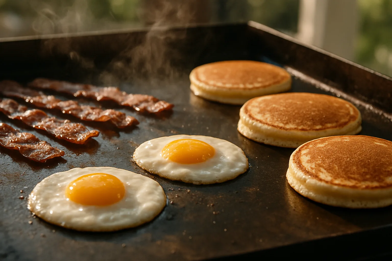 Eggs, bacon and pancakes cooking in separate zones on a seasoned steel griddle