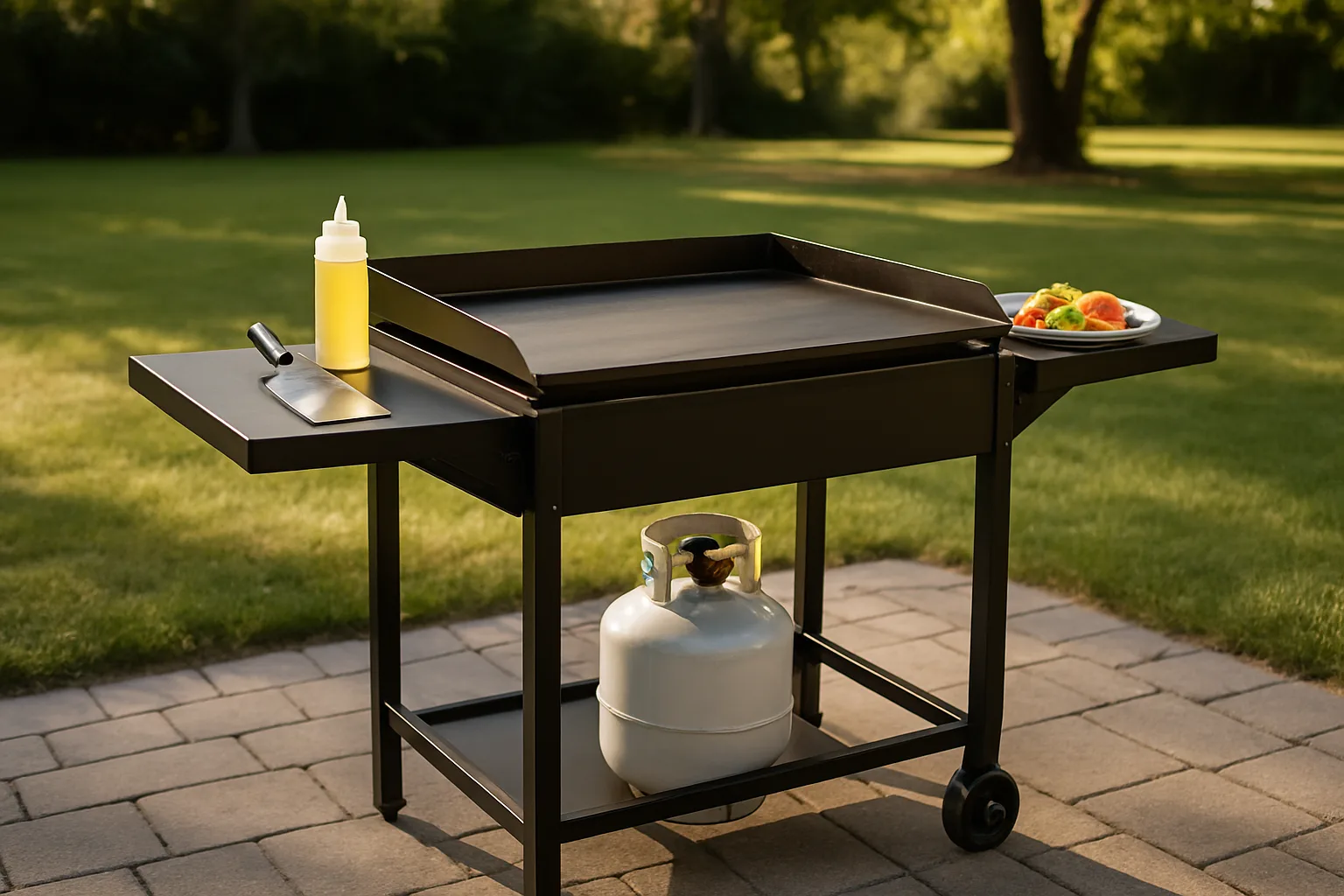 A flat top griddle cart with side shelves and a propane tank on a backyard patio