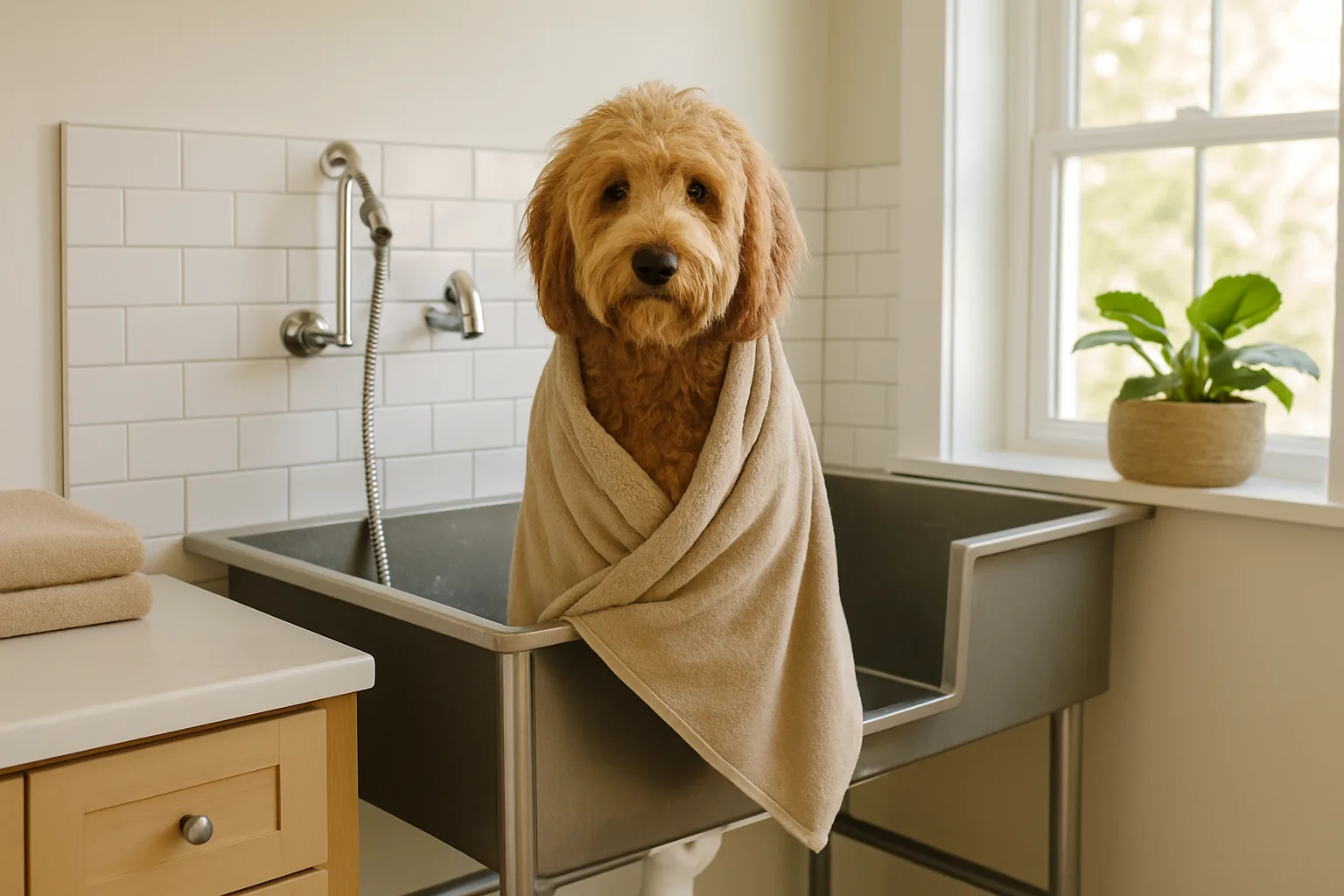 A doodle wrapped in a towel in a raised grooming tub after a bath
