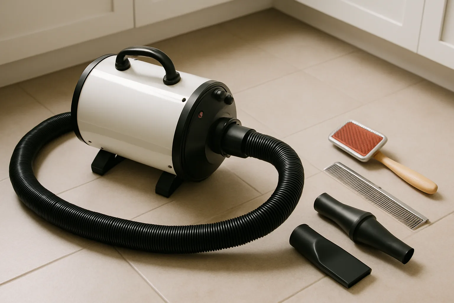 A high-velocity pet dryer with its hose, nozzles, a slicker brush and a comb