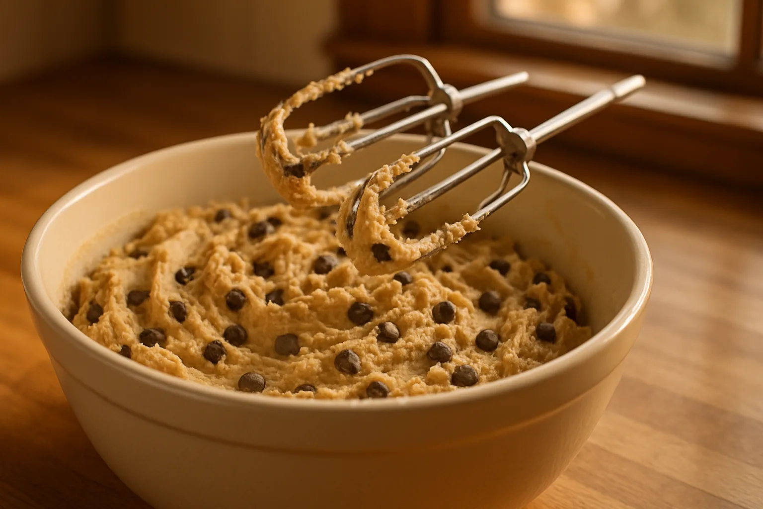 Chocolate chip cookie dough in a bowl with two hand mixer beaters resting on the rim