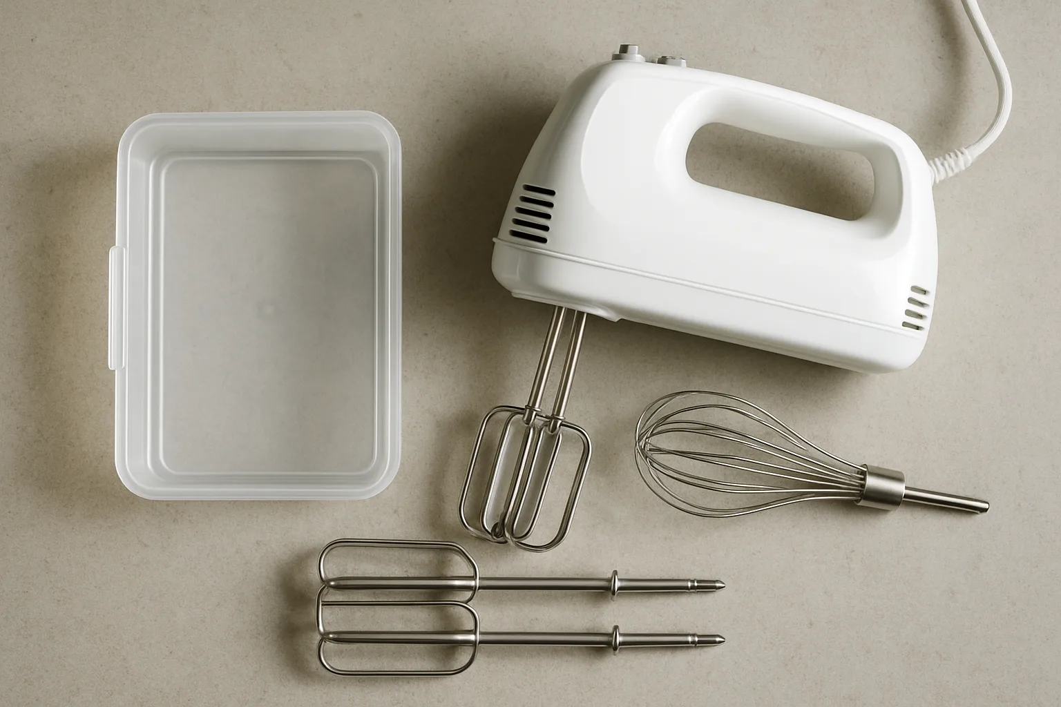 A hand mixer laid out with its beaters, whisk and snap-on storage case
