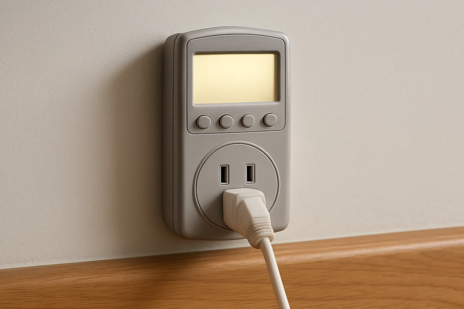 A plug-in electricity usage meter in a wall outlet with a lamp cord plugged into it
