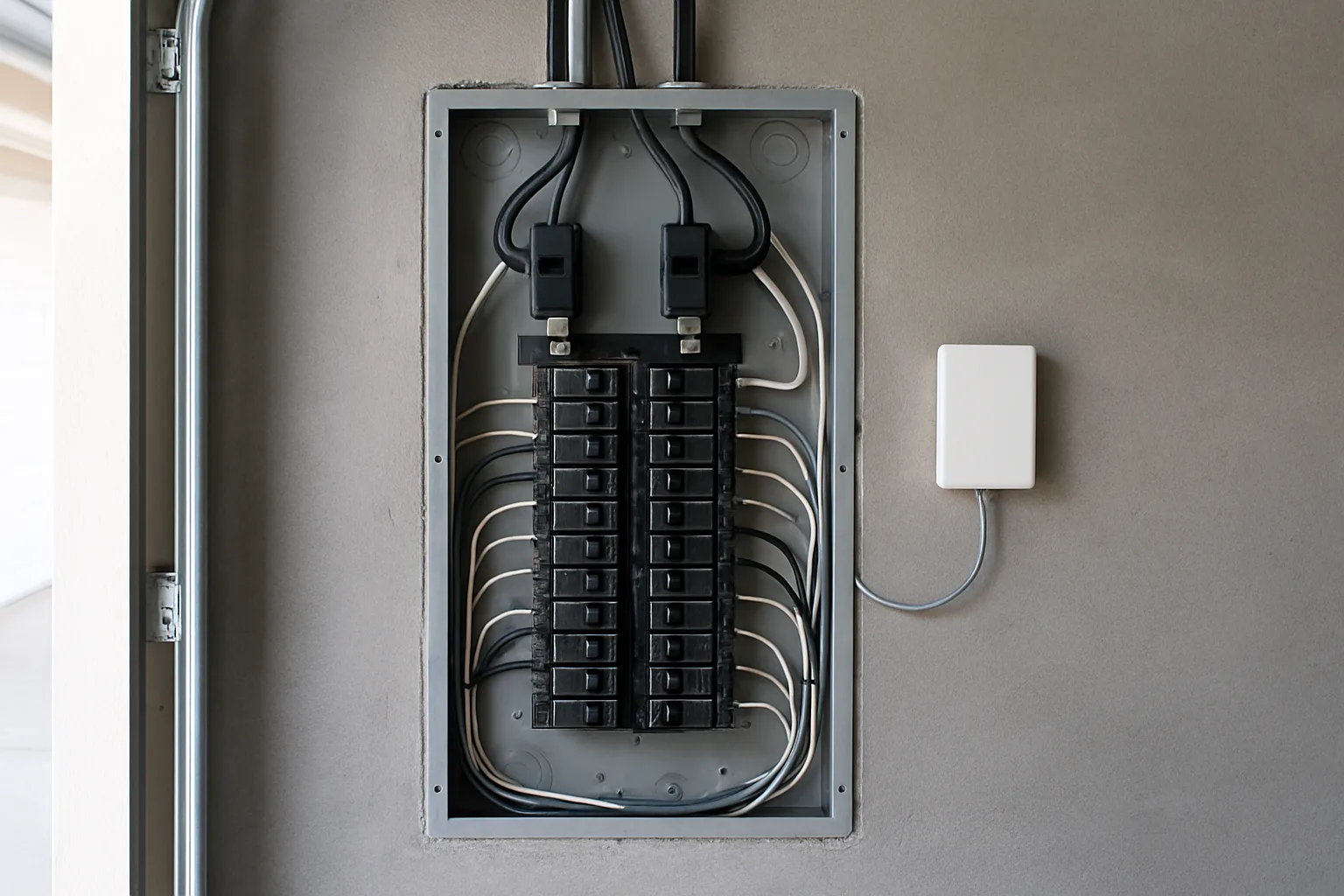 Residential breaker panel with clamp sensors on the main service cables and a small monitoring module beside it