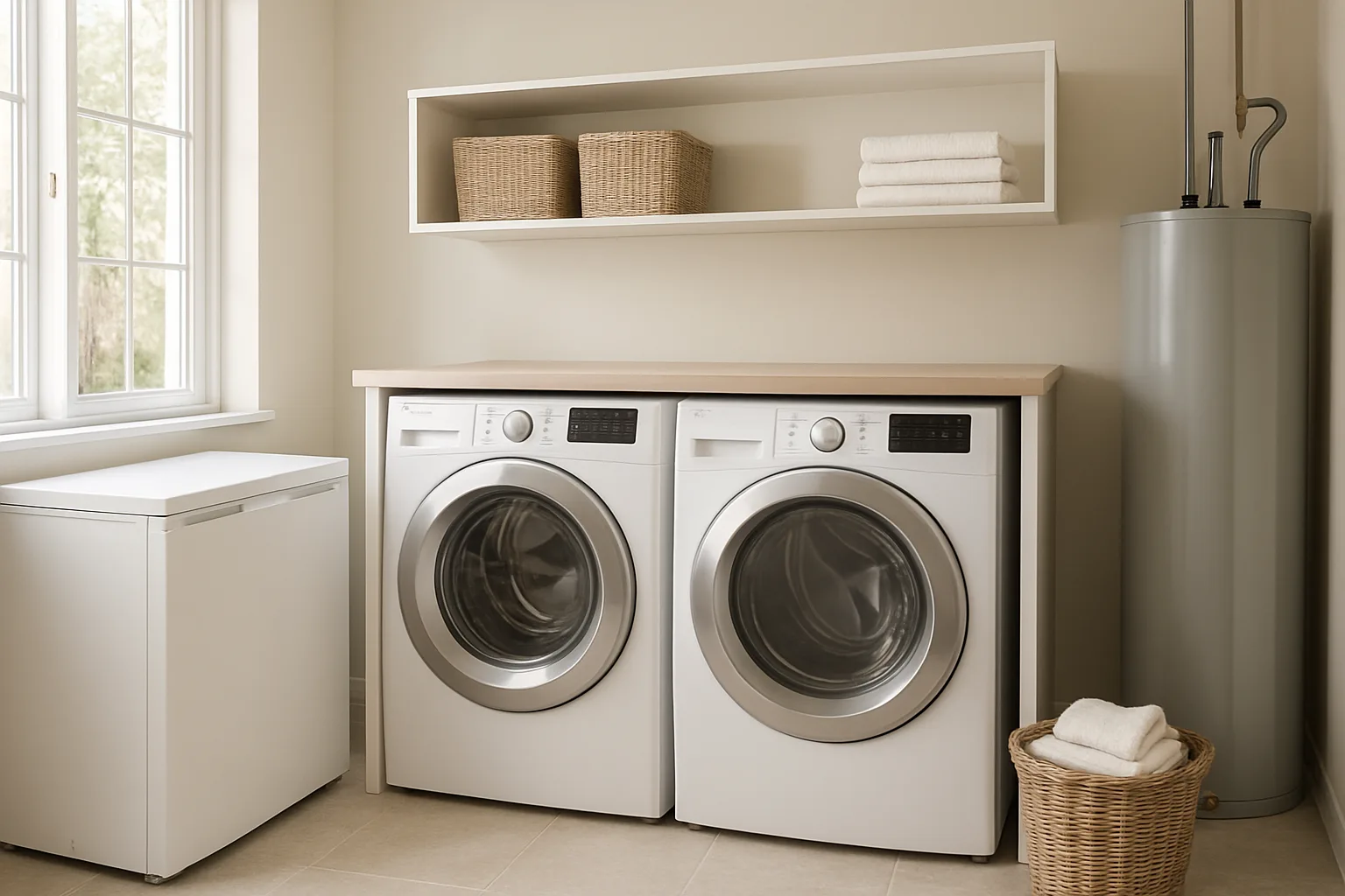 Laundry room with a front-load washer and dryer, a chest freezer and a water heater
