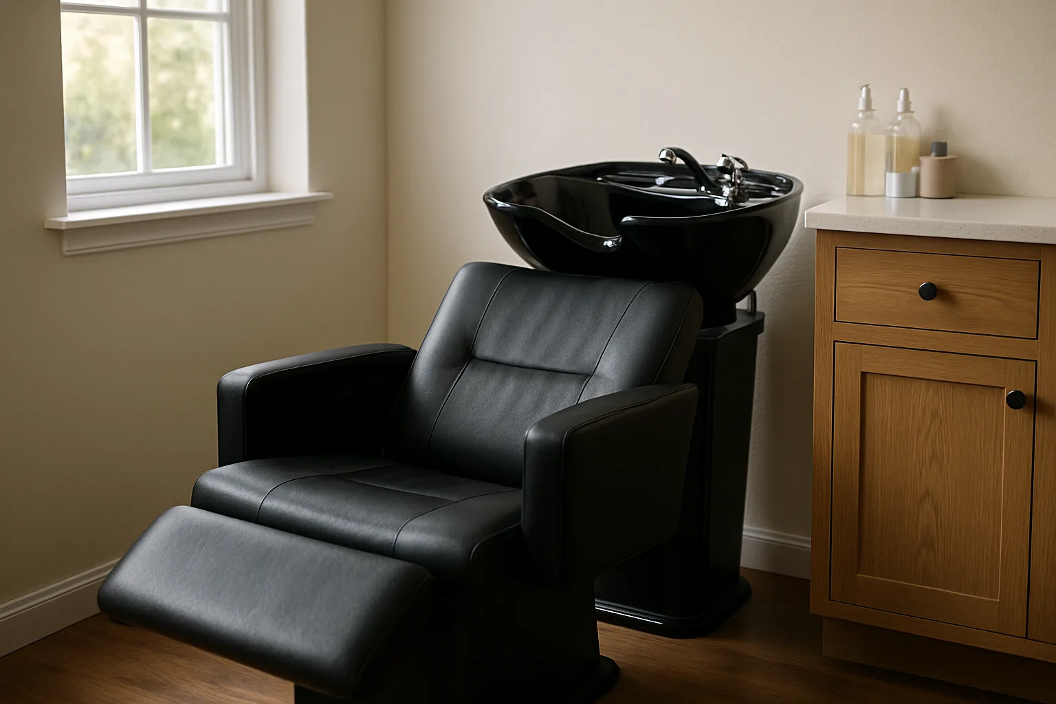 A reclining shampoo bowl and chair set against the wall of a home salon room