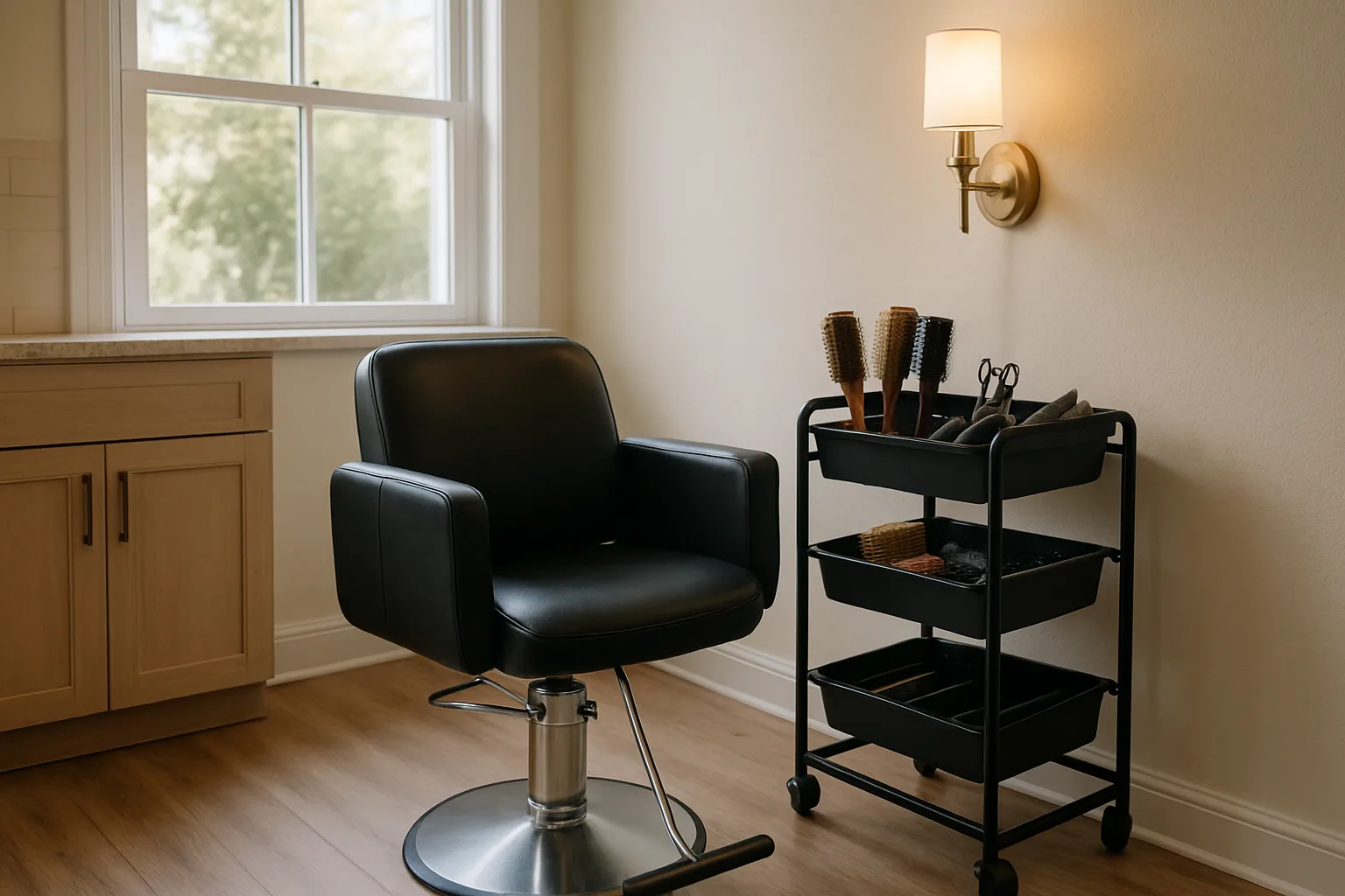 A styling chair, rolling trolley and wall sconce over easy-to-sweep flooring in a home salon