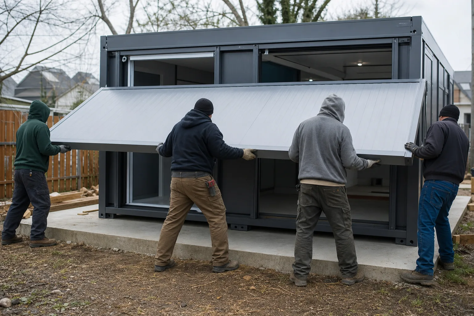 Four workers in gloves lowering the folded side wall of a steel expandable prefab house onto a concrete slab