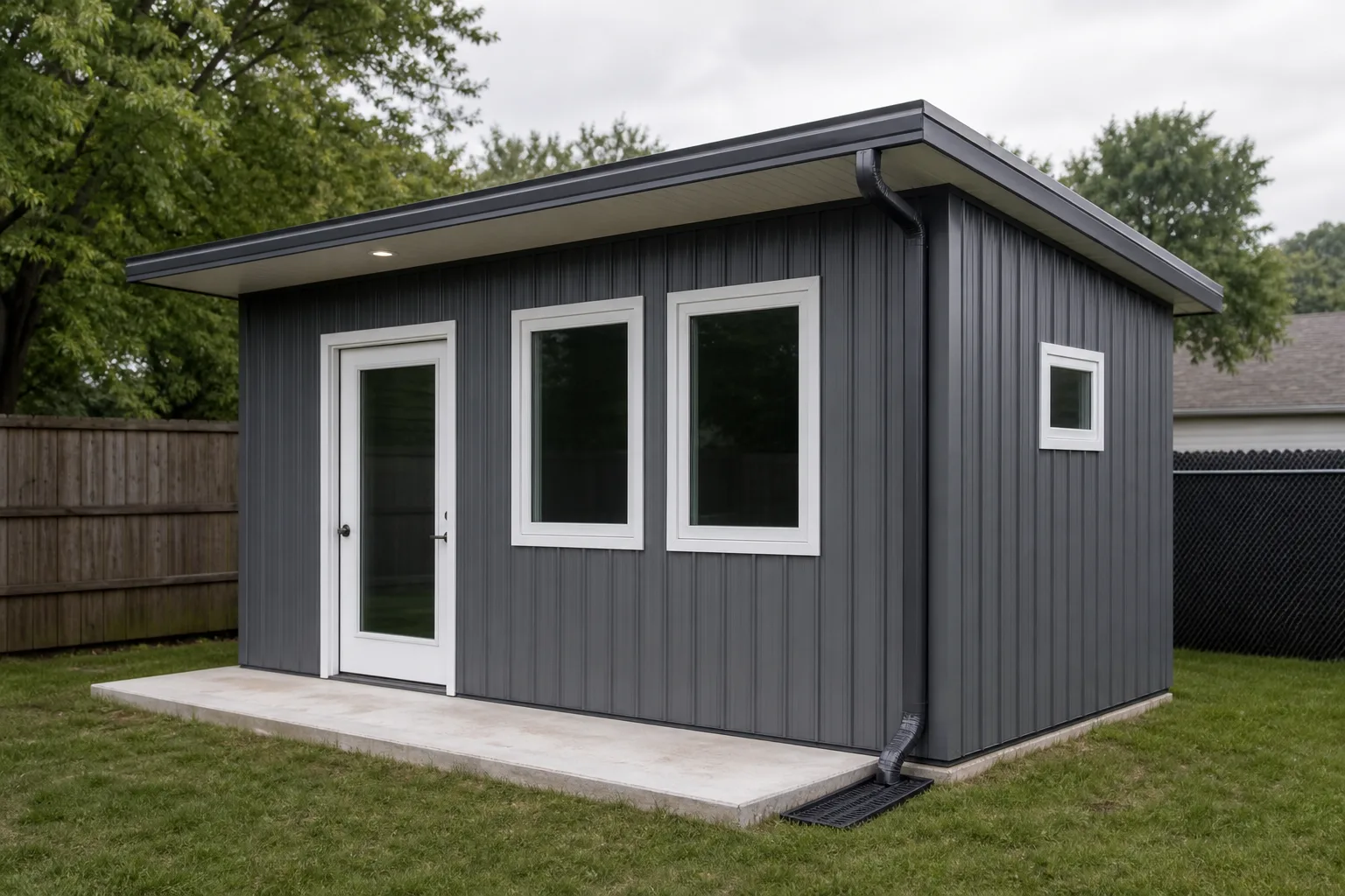 Small gray steel prefab tiny home on a concrete slab with new gutters and a downspout, in a grassy side yard
