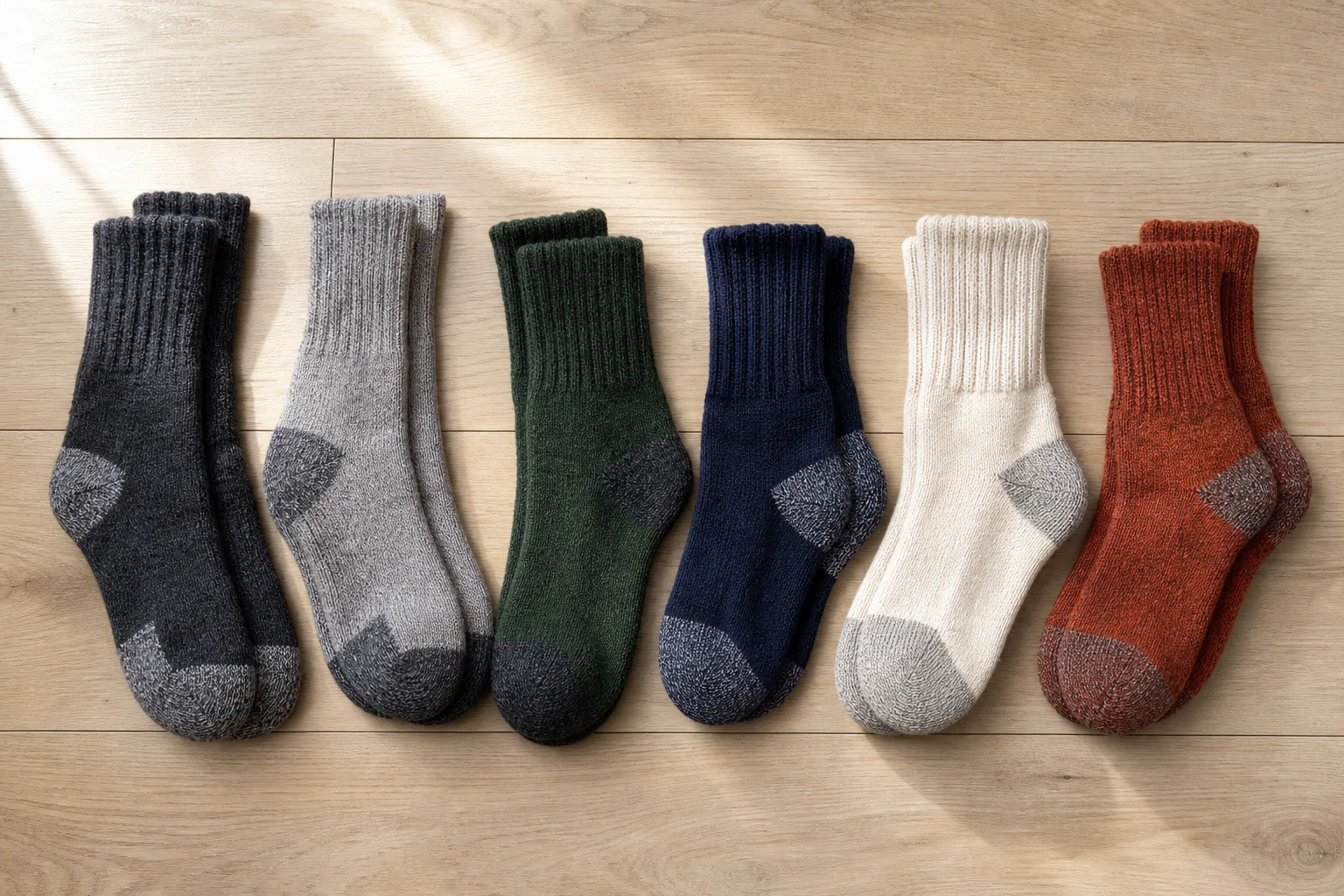 Six pairs of midweight wool crew socks in gray, green, navy, cream and rust laid out on a light oak floor