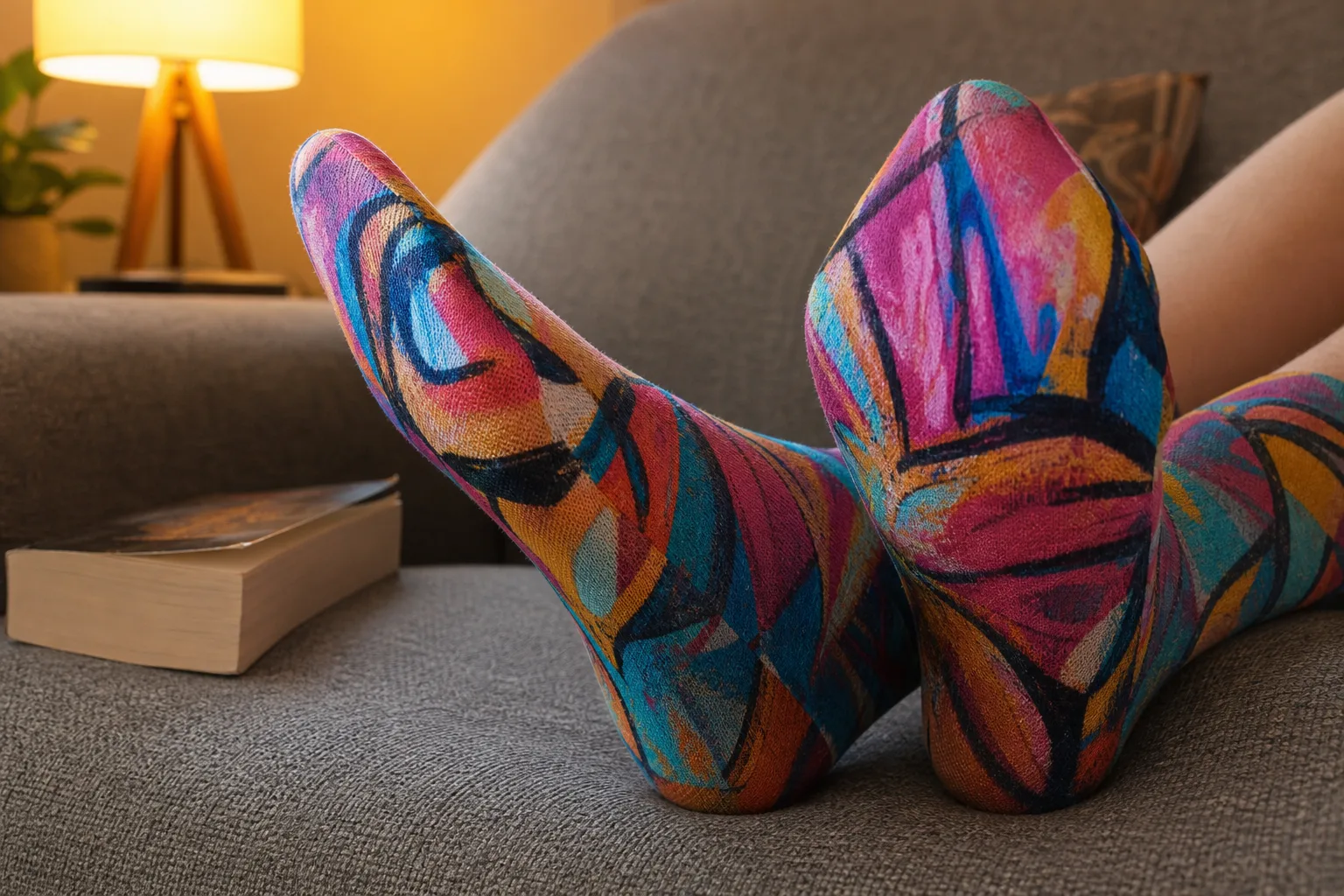 Feet in brightly painted art-print crew socks resting on a gray sofa beside a paperback book