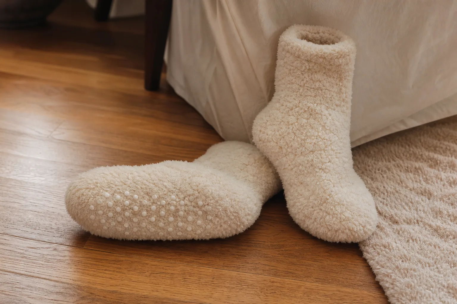 Fluffy cream slipper socks with rubber grip dots on the sole, sitting on a hardwood floor next to a bed